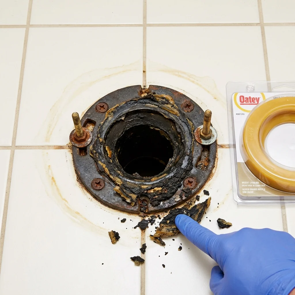 Failed wax ring showing water seepage at the base of a toilet in a Roanoke, IL home
