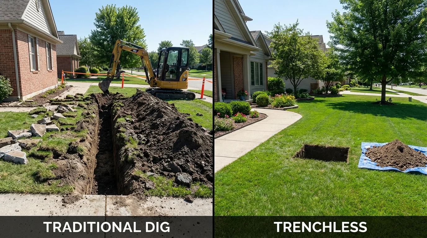 Trenchless sewer repair with minimal yard damage versus traditional excavation in Roanoke, IL