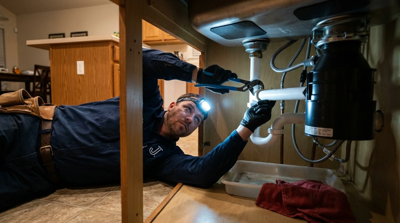 P-trap and supply line connections under a kitchen sink showing a common leak point in Roanoke, IL